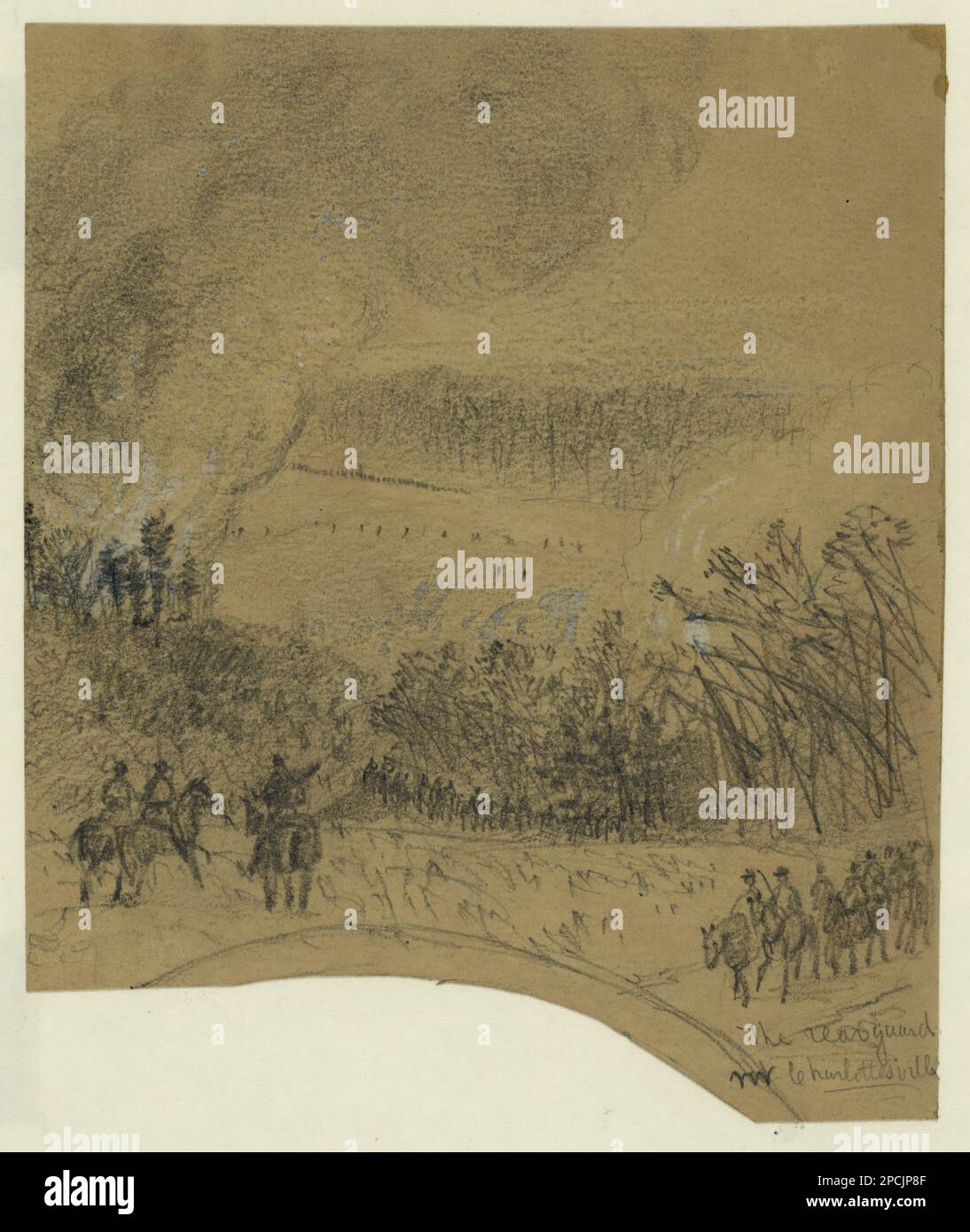 The rear guard nr. Charlottesville. Morgan collection of Civil War drawings. Custer, George Armstrong, 1839-1876, Military service, Military officers, Union, 1860-1870, United States, History, Civil War, 1861-1865, Campaigns & battles, United States, Virginia, Charlottesville , Custer's Raid into Albemarle County, Va. Stock Photo