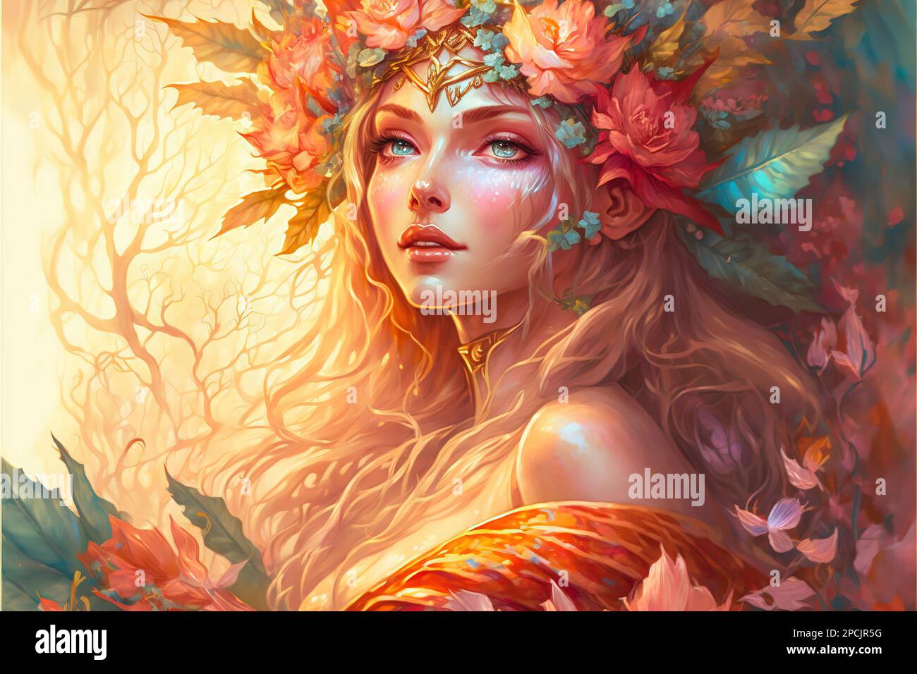 Wondrous fantasy portrait of goddess wood elf princess wearing beautiful flowery wreath blossom