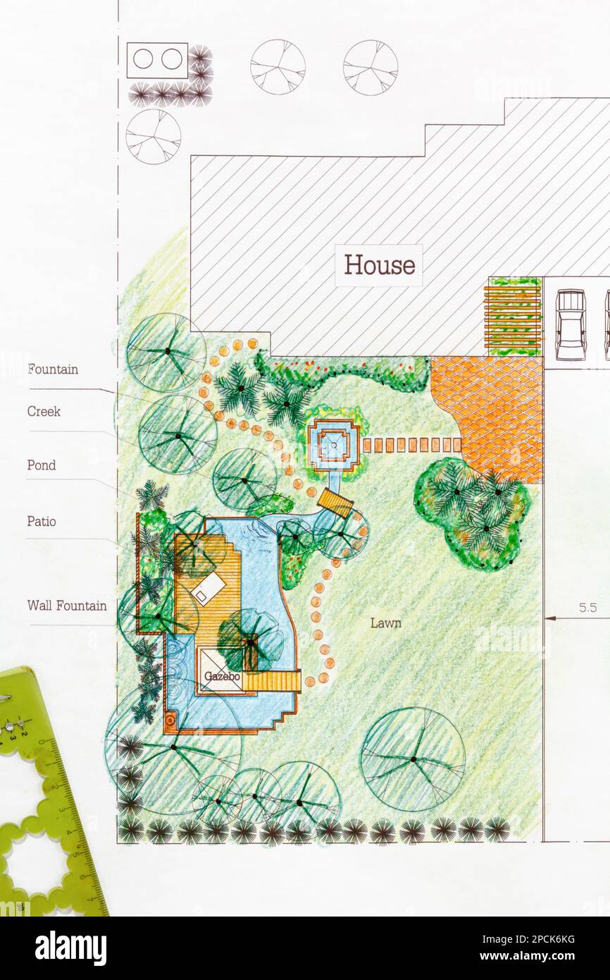 Landscape Architect design water garden plans for backyard Stock Photo ...