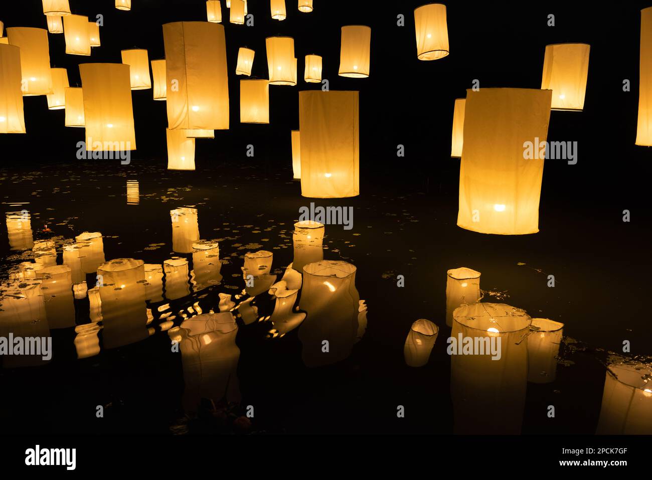 Sky lanterns in Yi-Peng (Loy Krathong) festival , Chiang Mai ,Thailand. Stock Photo