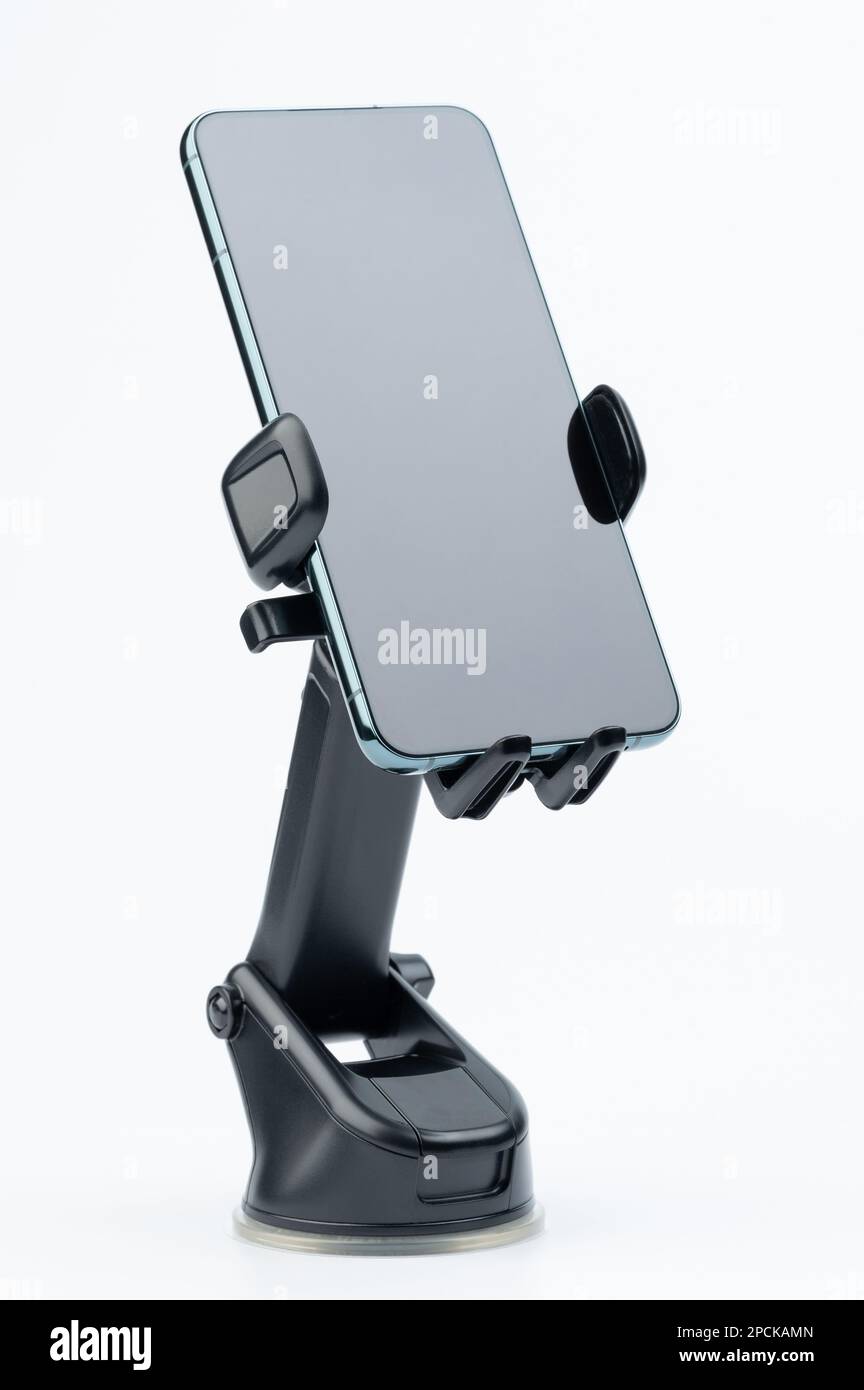 Black handsfree car mount with smartphone installed perspective view