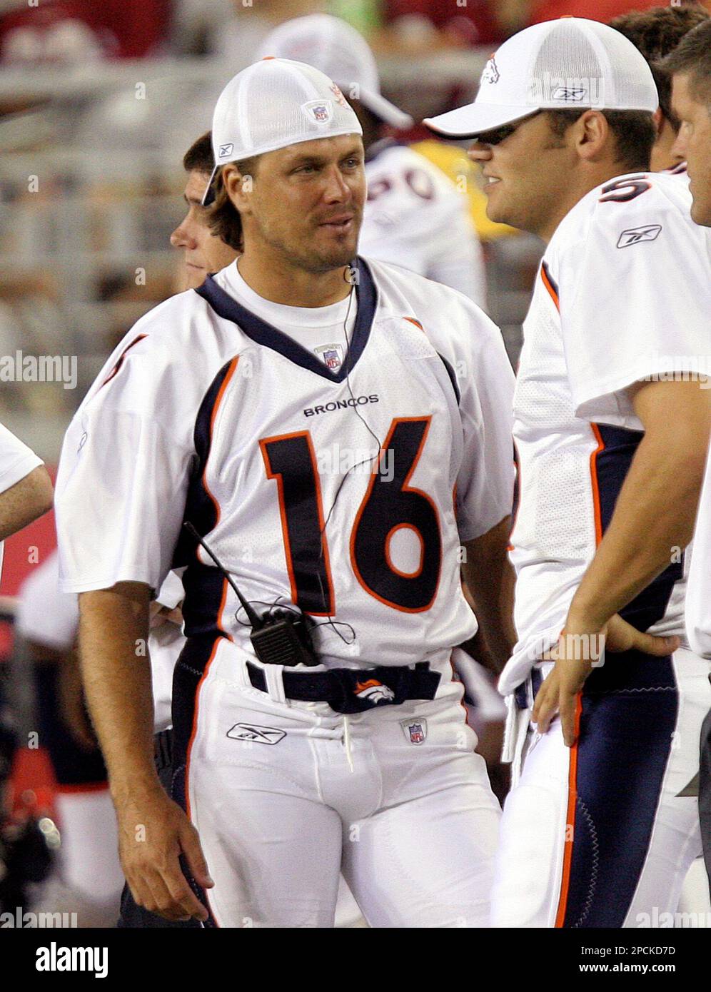 Denver Broncos quarterbacks (L-R) Preston Parsons of Northern Arizona, Jay  Cutler of Vanderbilt, starter Jake Plummer, and backup Bradlee Van Pelt  practice together during first practice session at Broncos training camp in