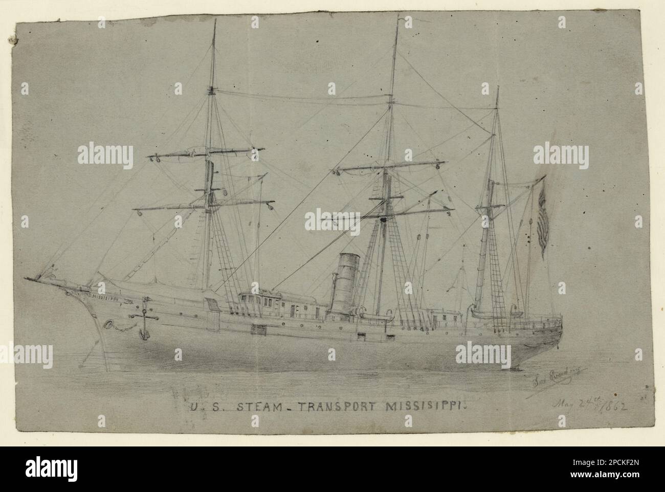 U.S. Steam Transport Mississippisic. Signed lower right: Lars Everding, Title inscribed below image, Inscribed lower right: May 24th 1862, Source unknown. Mississippi (Ship), 1860-1870, Ships, 1860-1870, United States, History, Civil War, 1861-1865, Transportation, United States Stock Photo