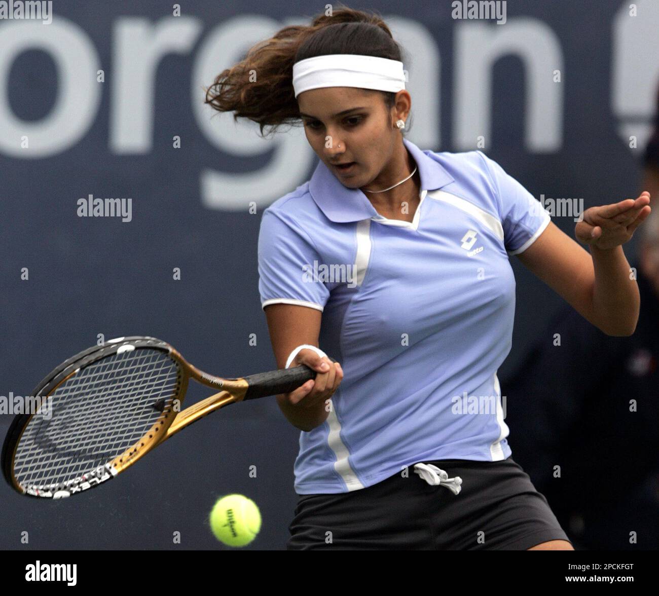 Sania Mirza of India hits a return to Francesca Schiavone of Italy at the US Open tennis tournament in New York, Thursday, Aug. 31, 2006. (AP Photo/Julie Jacobson) Stock Photo
