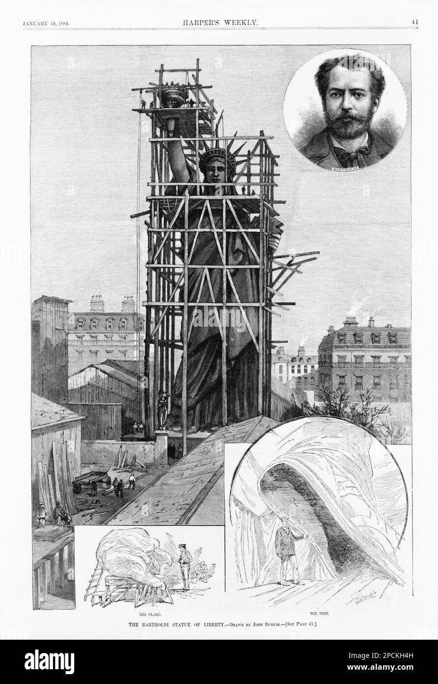 1884,  New York , USA  : The french architect and sculptor artist  FREDERIC AUGUSTE BARTHOLDI (Colmar, Alsace 1834 - 1904 ). The Bartholdi's Statue of Liberty making in Paris , France , engraving from HARPER'S WEEKLY ( 1884 June 16 ).  Bartholdi was a French sculptor who originally studied painting under Ari Scheffer. his major scupltures include 'Switzerland Succoring Strabourg', at Basel, Switzerland, statues at Colmar, at Clermont-Ferrand, at Belfort, in Paris, and at Union Square in New York. He is said to have been a Freemason. The face of the Statue of Liberty is said to be that of his m Stock Photo
