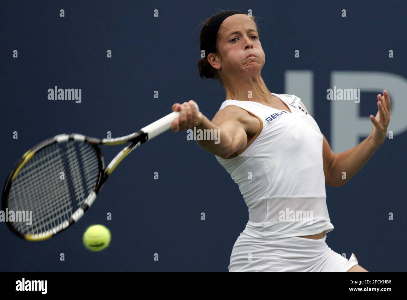 Lourdes Dominguez Lino of Spain hits a return to Serena Williams of the United States at the US Open tennis tournament in New York, Wednesday, Aug. 30, 2006. (AP Photo/Julie Jacobson) Stock Photo