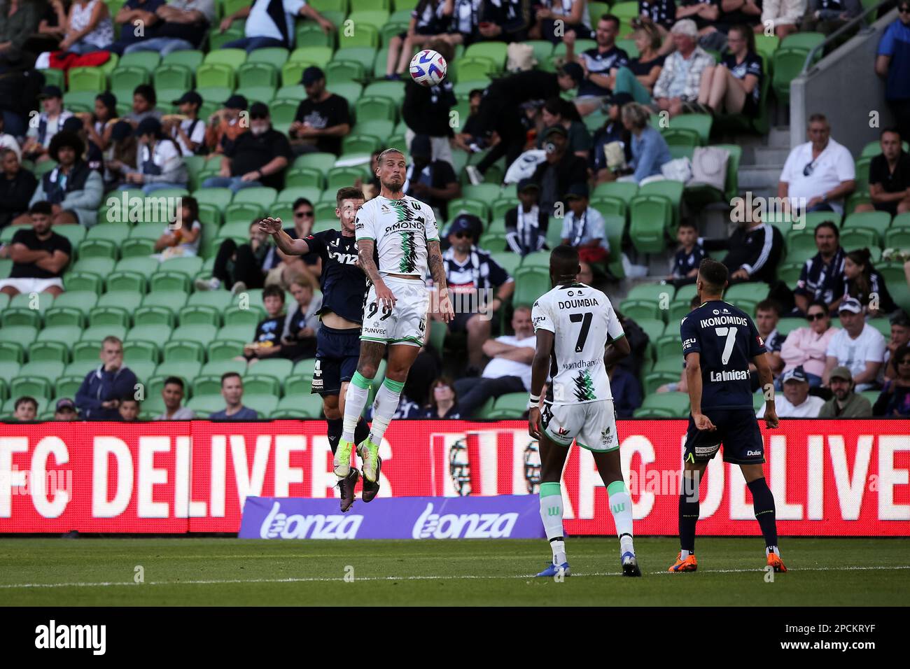 Melbourne, Australia, 13 March, 2023. Aleksandar Prijovic of Western United heads the ball during the A-League Men's football match between Melbourne Victory and Western United at AAMI Park on March 13, 2022 in Melbourne, Australia. Credit: Dave Hewison/Speed Media/Alamy Live News Stock Photo