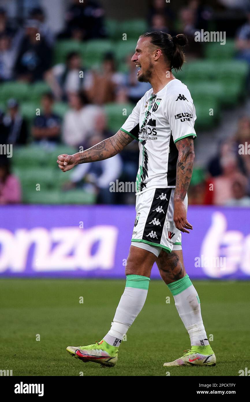 Melbourne, Australia, 13 March, 2023. Aleksandar Prijovic of Western United celebrates a goal during the A-League Men's football match between Melbourne Victory and Western United at AAMI Park on March 13, 2022 in Melbourne, Australia. Credit: Dave Hewison/Speed Media/Alamy Live News Stock Photo