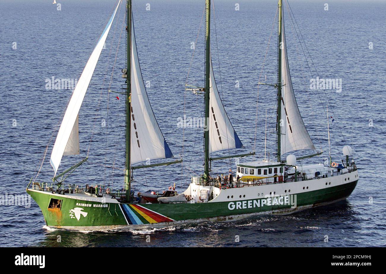 Greenpeace's Rainbow Warrior II is pictured before being circled by tuna fishing vessels to prevent it docking, as it tries to move into Marseille's harbour, Wednesday, Aug. 23, 2006. The fishermen oppose Greenpeace's plans to campaign in Marseille against overfishing of red tuna stocks. (AP Photo/Boris Horvat/Pool) Stock Photo