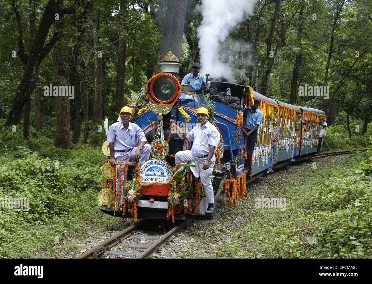 The Darjeeling Toy Train is seen decorated on the 125th anniversary of
