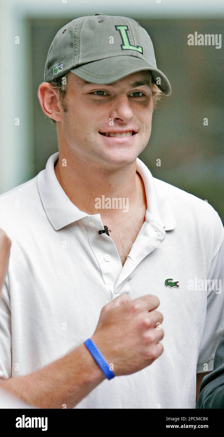 Andy Roddick, tenth in the ATP rankings, shows off a "No Compromise"  wristband from his Andy Roddick Foundation during his appearance on the  "Fox & Friends" morning television program, in New York,
