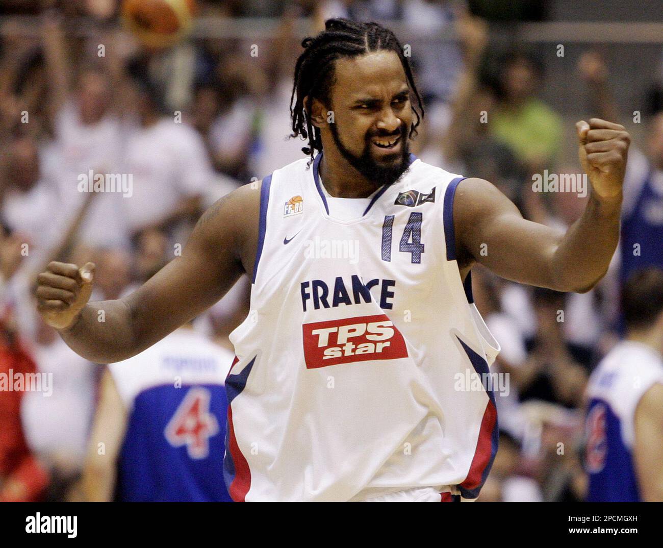 France's Ronny Turiaf of the NBA's L.A. Lakers reacts during his teams game  against Serbia and Montenegro at the world basketball championships in,  Sendai, northern Japan, Sunday, August 20, 2006.France won 65-61. (
