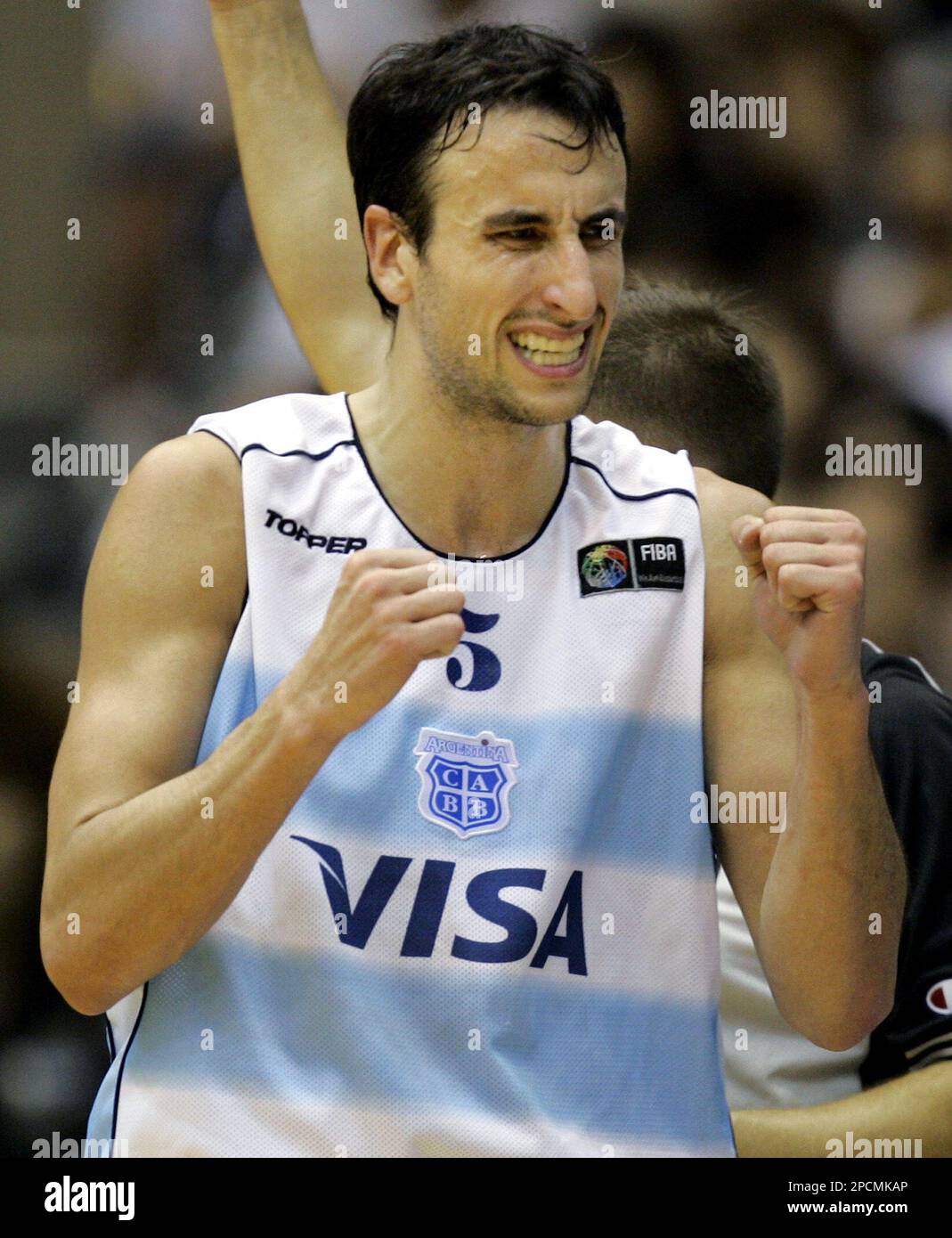 Argentina's star player Manu Ginobili of the NBA's San Antonio Spurs reacts  at the world basketball championships first round match against France in  Sendai, northern Japan, Saturday, Aug. 19. 2006. Ginobili scored