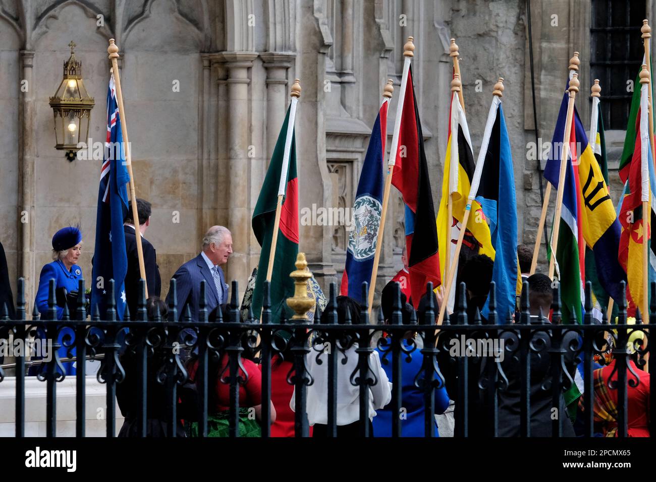 London, UK. 13th March, 2023. The Queen Consort and King Charles III depart after the annual Commonwealth Day multi-faith service took place in Westminster Abbey. It celebrates the Commonwealth and its 56 member nations. Credit: Eleventh Hour Photography/Alamy Live News Stock Photo