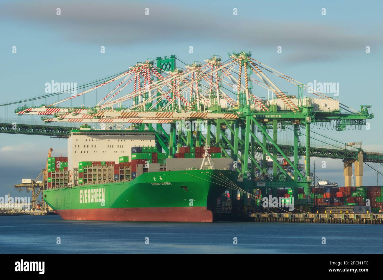 Evergreen container ship, Ever Liven, shown docked at Everport Terminal