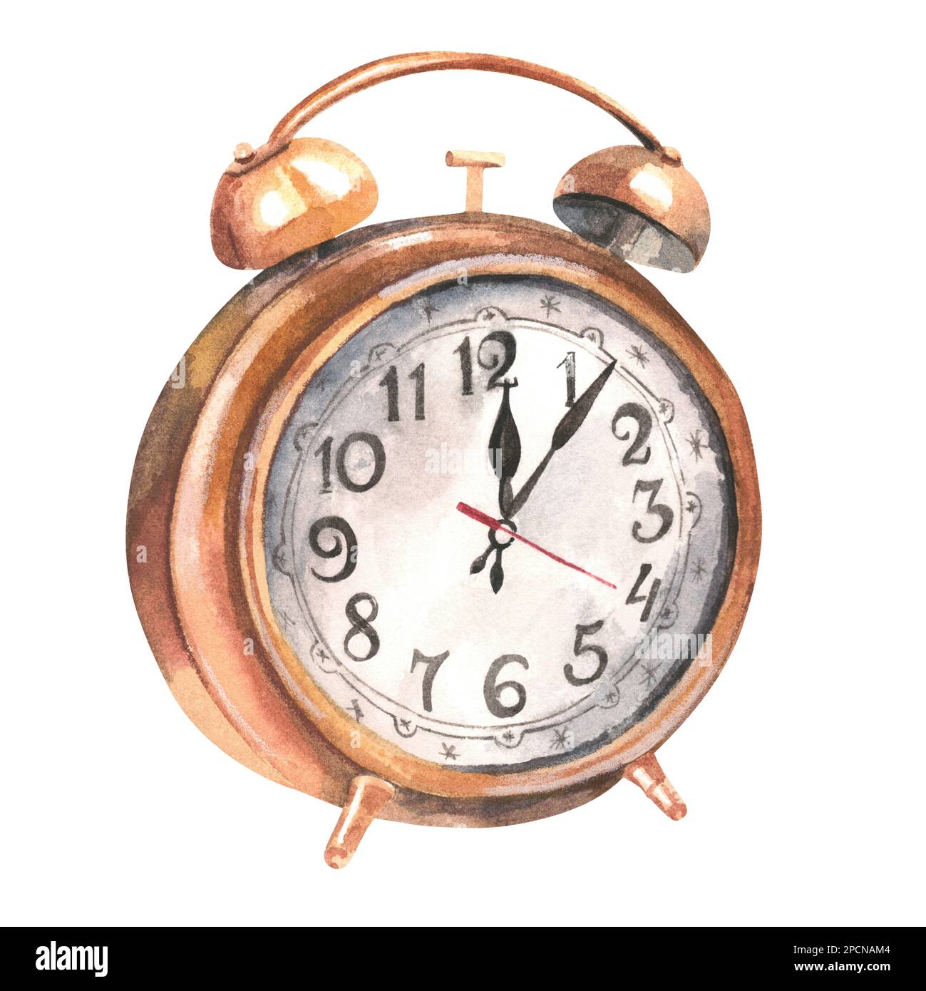 Classic sketch with gold retro watercolor alarm clock on white