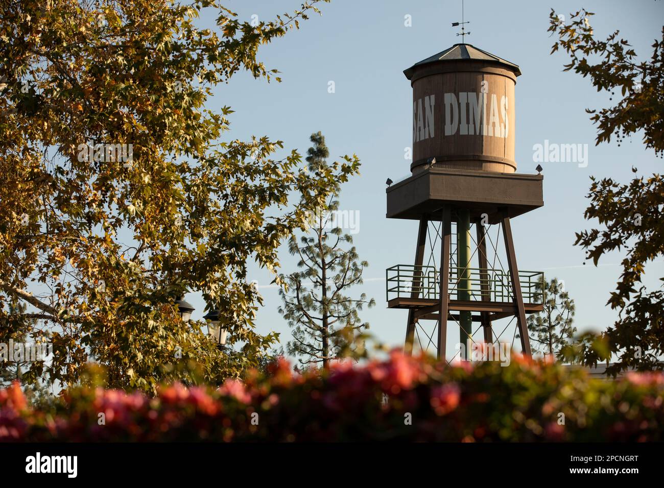 San Dimas, California, USA November 12, 2022 Afternoon sunlight shines on a historic water