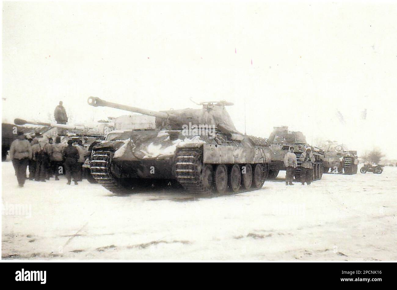 World War Two B&W photo German Panther Tanks assemble to attack on the Russian Front in the Winter of 1943/44 Stock Photo