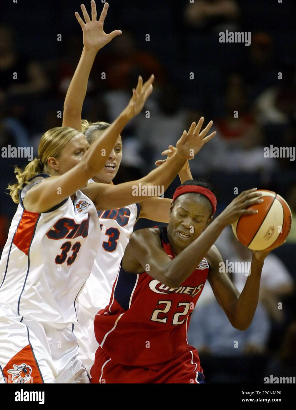 Houston Comets players Michelle Snow, left, and Sheryl Swoopes congratulate  each other after the Comets beat the Minnesota Lynx 77-73 in overtime in  Minneapolis, Friday Aug. 4, 2006. Swoopes led Houston with