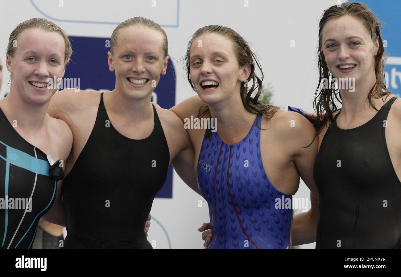Great Britain's women's 4x100-metre medley relay team, from left, Melanie  Marshall, Kirsty Balfour, Francesca Halsall and Terri Dunning celebrate  after winning the final race at the European Swimming Championships in  Budapest, Hungary,
