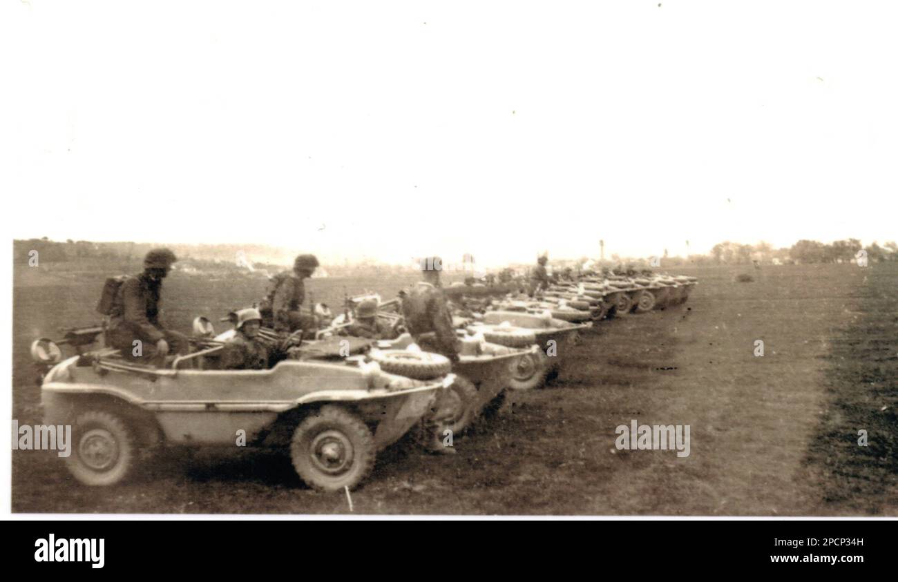 World War Two B&W photo VW Schwimmwagens of a Waffen SS unit assemble on the Eastern Front 1944 Stock Photo