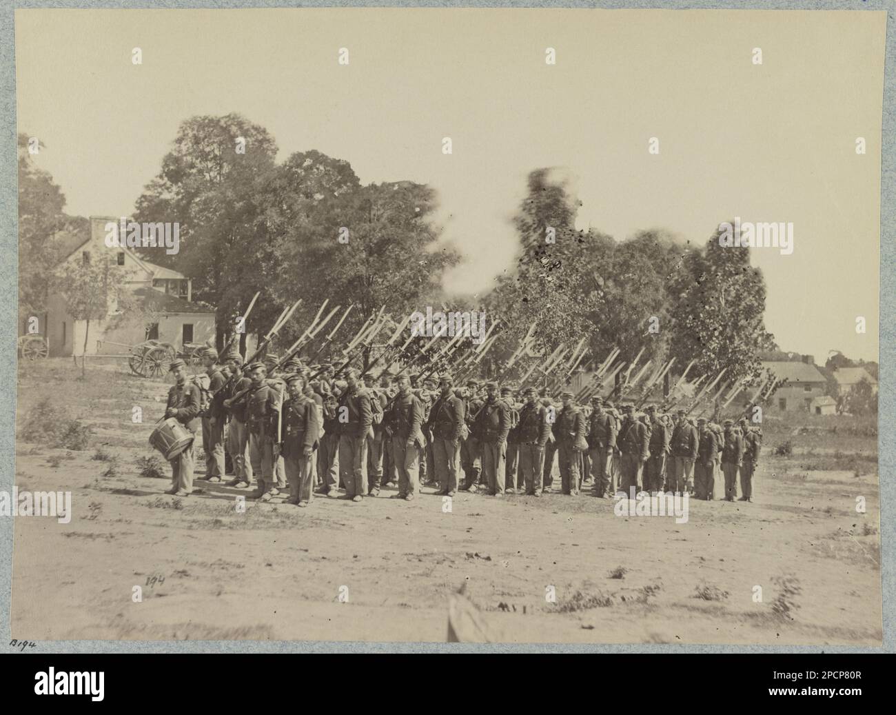 Company G, 22d New York State Militia near Harpers Ferry, Virginia, 1861 i.e.1862. No. B194, Title from item, Original negative in National Archives Record Group 111: Records of the Office of the Chief Signal Officer, 1860-1985, Series: Mathew Brady Photographs of Civil War-Era Personalities and Scenes, 1921-1940, Item: Company of Infantry on Parade near Harpers Ferry, Va, Gift; Col. Godwin Ordway; 1948, Published in: History of the Twenty-second regiment of the National guard of the state of New York .. / by General George W. Wingate. New York: E. W. Dayton [1896], p. 121. New York (State), M Stock Photo
