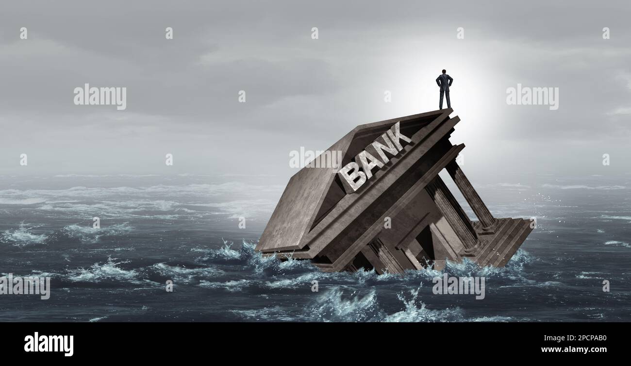Banking Default and Bank Crisis or as Banks drowning in debt with financial instability or insolvency concept as an urgent business and global market Stock Photo