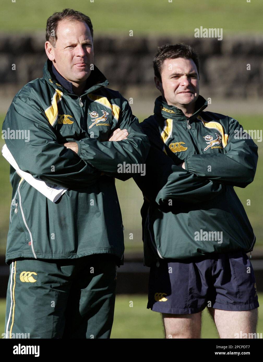 South African rugby team coach Jake White left, with team physio Clint Redhead watch as the Springboks team trains in Sydney, Tuesday, August 1, 2006