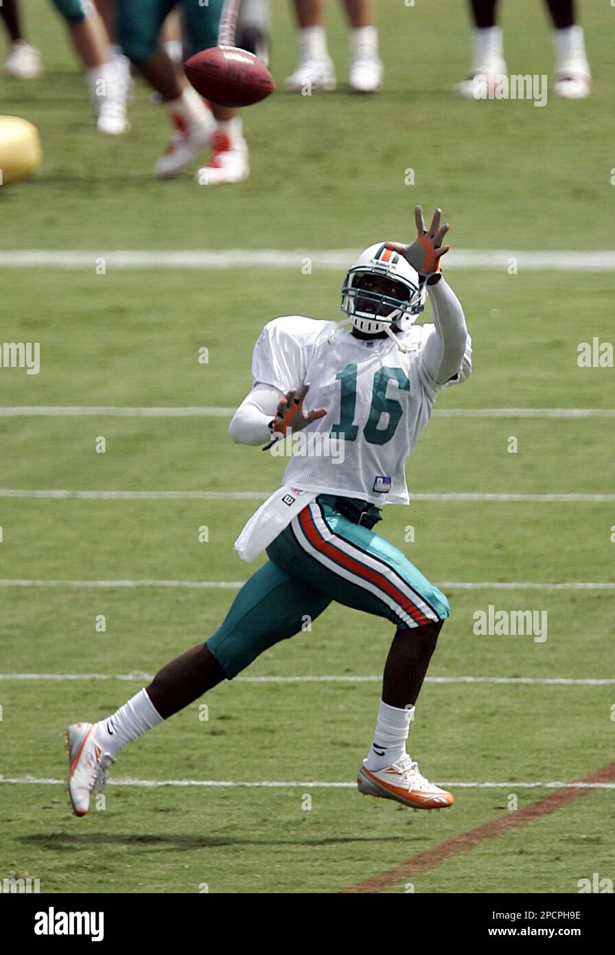 Miami Dolphins wide receiver Marcus Vick runs downfield during passing  drills Sunday, July 30, 2006 in Davie, Fla. during the second day of summer  football training camp. (AP Photo/J. Pat Carter Stock