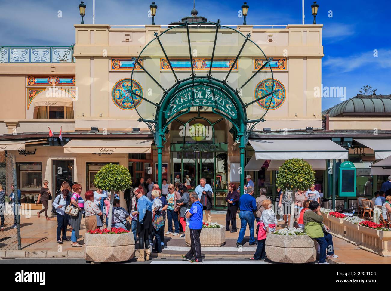 Monte Carlo, Monaco - April 20, 2016: Ornate facade of the Cafe de Paris, famous elegant art nouveau brasserie at the Grand Casino Stock Photo