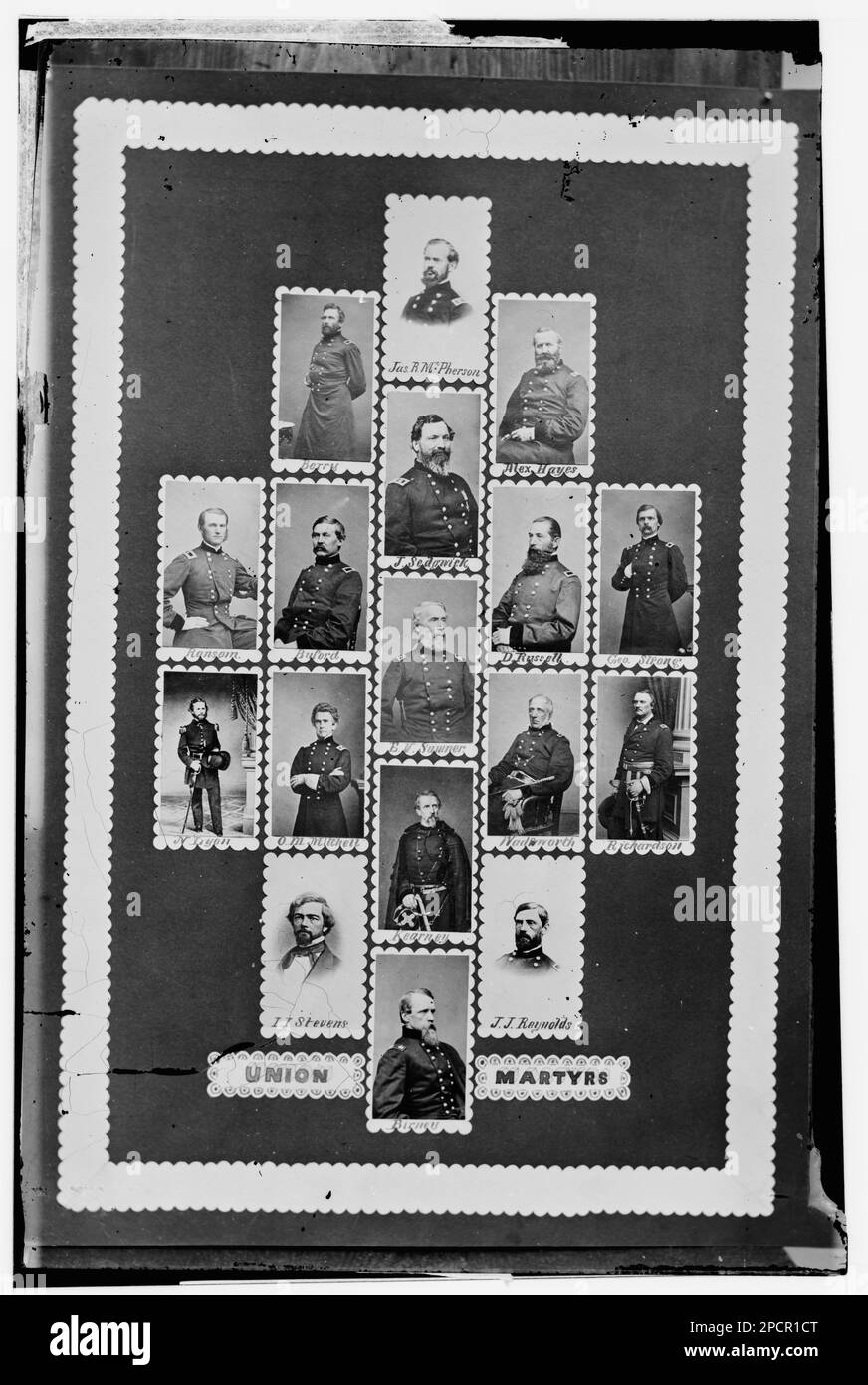 Union Martyrs: Berry, Jas. R. McPherson, Alex. Hayes, Ransom, Buford, J. Sedgwick, D. Russell, Geo. Stone, N. Lyon, O.M. Mitchell, E.V. Sumner, Wadsworth, Richardson, Stevens, Kearney, J.J. Reynolds sic, and Birney. Civil war photographs, 1861-1865 . United States, History, Civil War, 1861-1865. Stock Photo