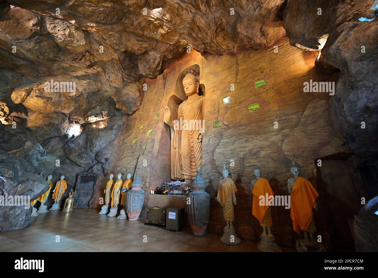 Replica of Afghan Bamiyan Buddha statue in a custom-made grotto at Wat Saket, Bangkok, Thailand Stock Photo