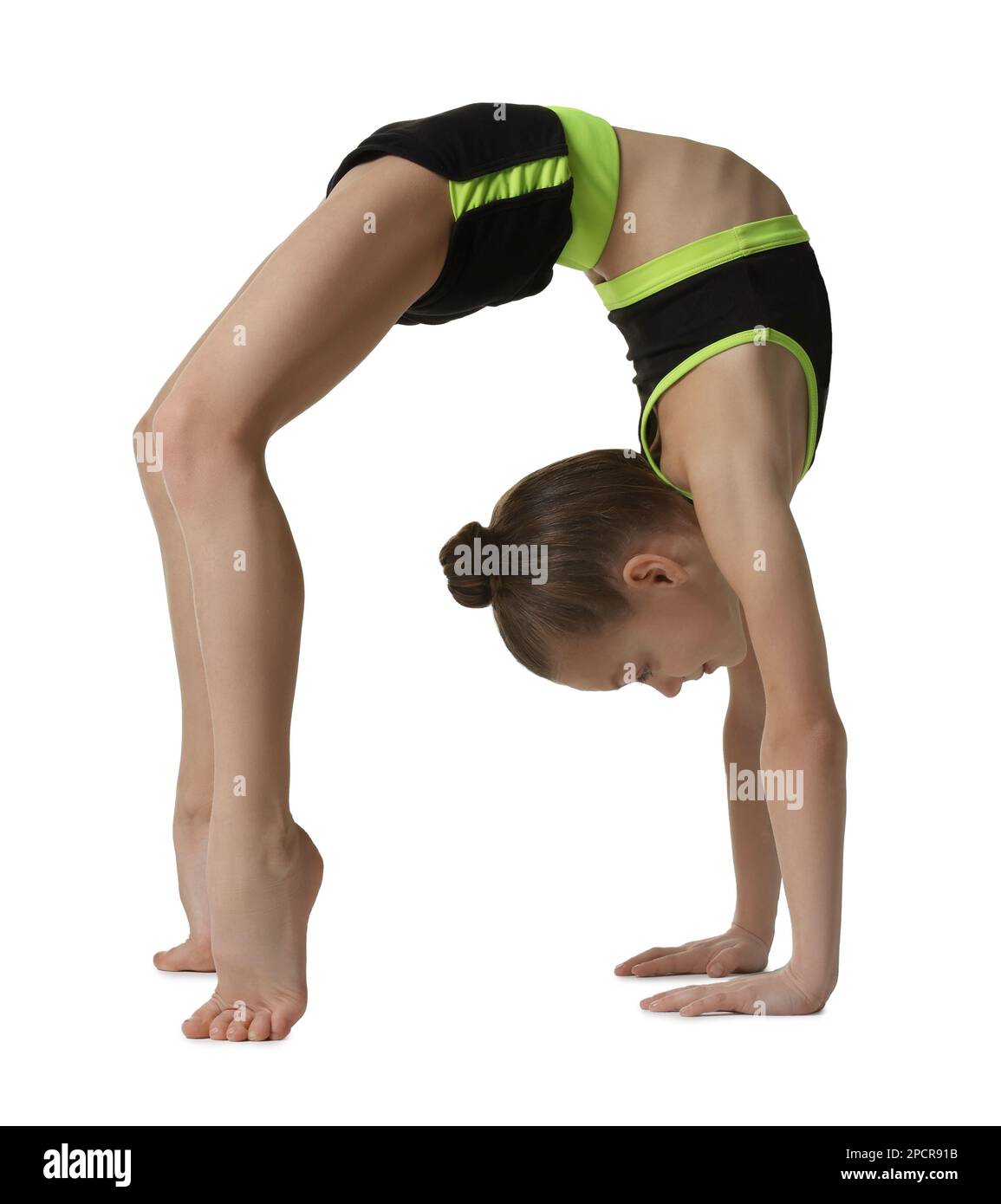 Cute little girl doing gymnastic exercise on white background Stock ...