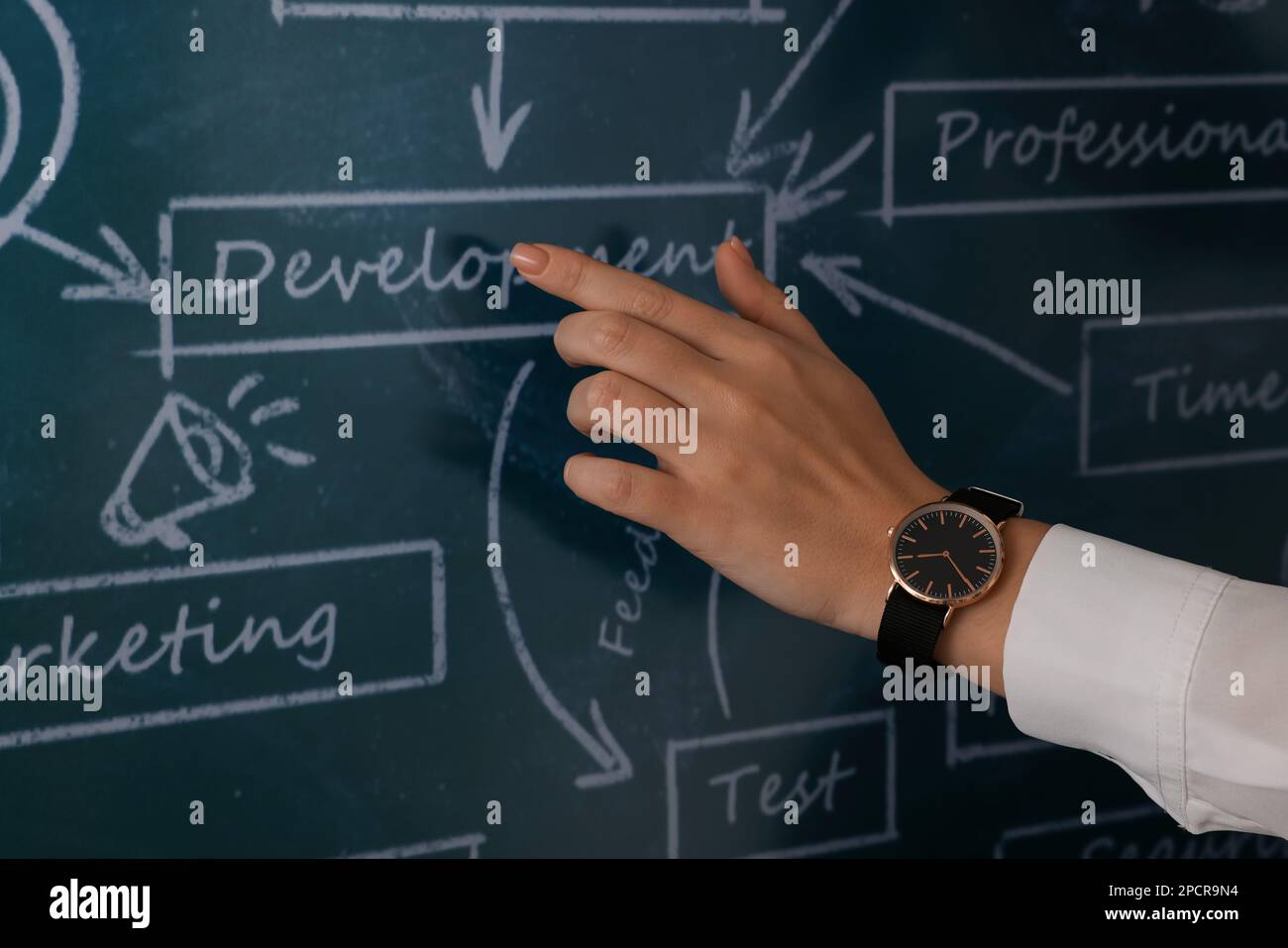 Business trainer using interactive board, closeup view Stock Photo