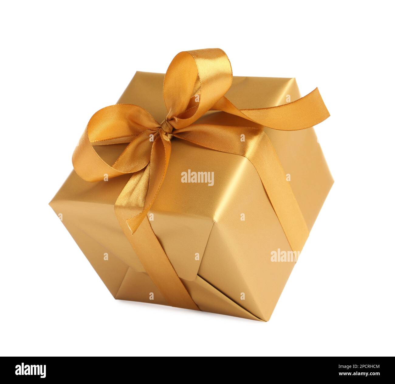 Gift box with golden ribbon and bow on white background Stock Photo - Alamy