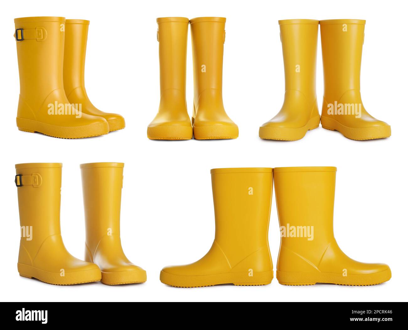 Set with yellow rubber boots on white background Stock Photo Alamy