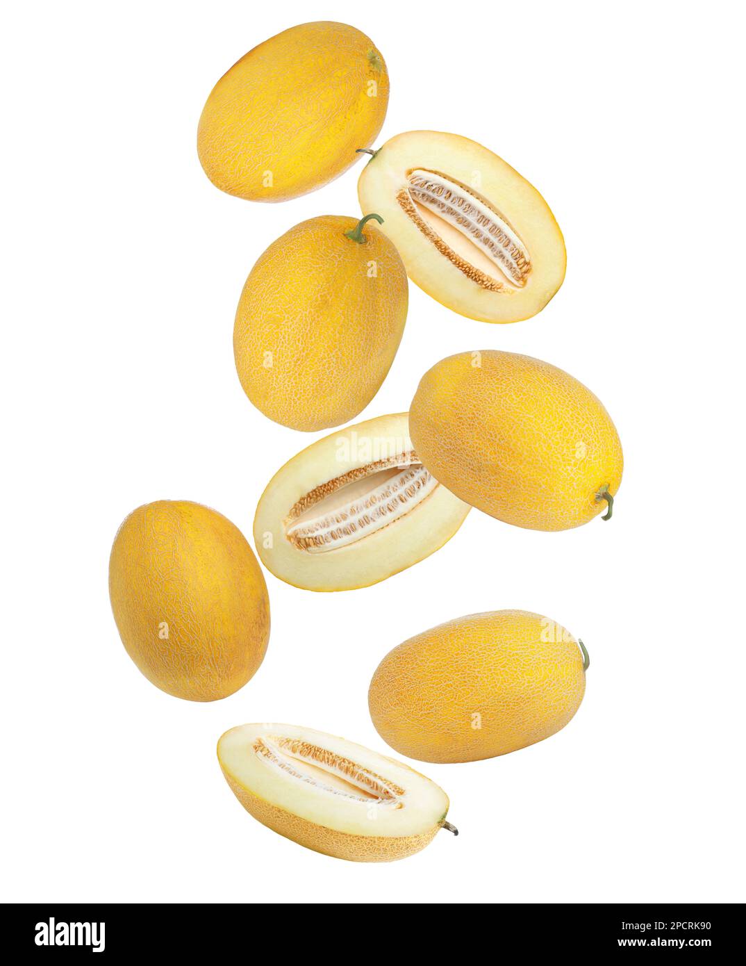 Delicious ripe melons falling on white background Stock Photo