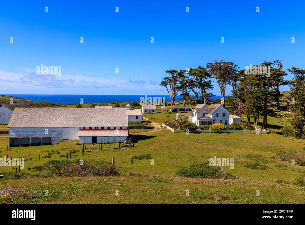 Historic barn and buildings on coastal ranch in rural Northern ...