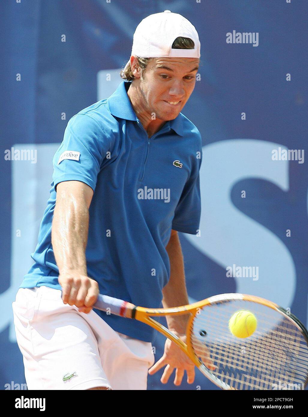 Richard Gasquet from France returns a ball to Gaston Gaudio from Argentina,  during their match at the Swiss Open tennis tournament in Gstaad, Friday,  July 14, 2006. Gasquet won in two sets