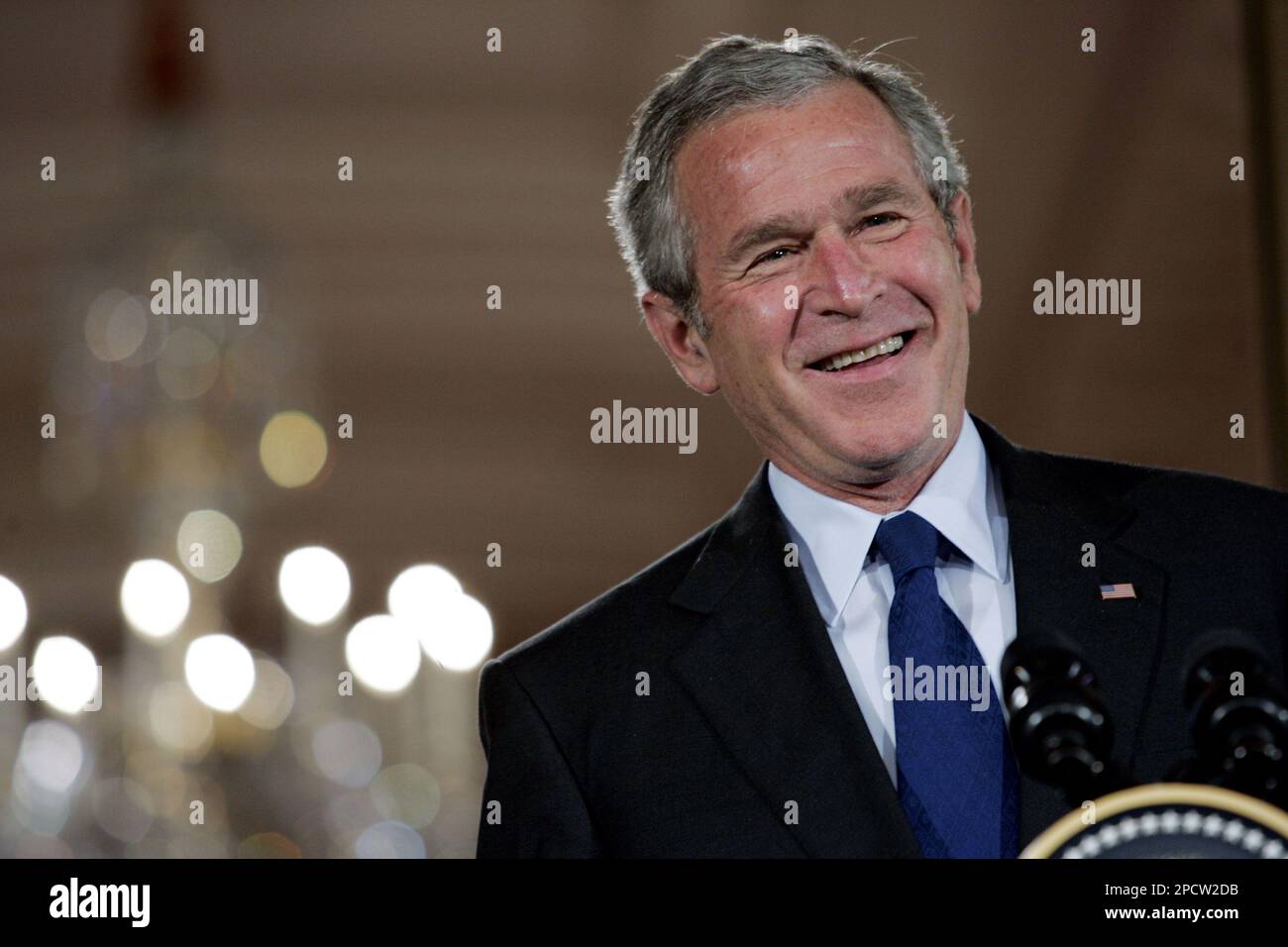 President Bush smiles during a press availability with Canadian Prime  Minster Stephen Harper, not pictured, in the East Room of the White House,  Thursday, July 6, 2006 in Washington. After months of