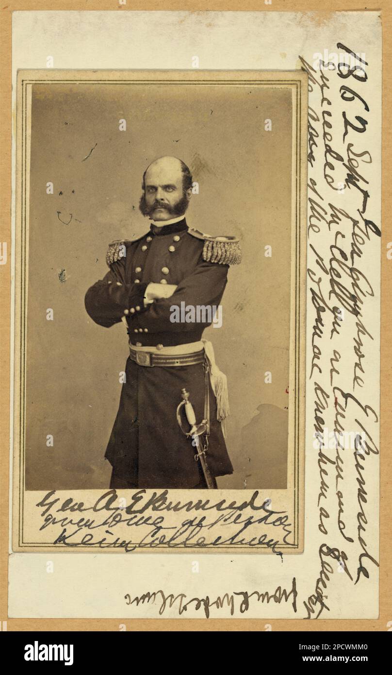 Brigadier General Ambrose E. Burnside, three-quarter length portrait, standing, facing slightly left, arms folded across chest, wearing military uniform. Title devised by Library staff, Exhibited: 'With Malice Toward None : The Abraham Lincoln Bicentennial Exhibition' at the Library of Congress, Washington, D.C, 2009. Burnside, Ambrose Everett, 1824-1881, Generals, 1860-1880, United States, History, Civil War, 1861-1865. Stock Photo