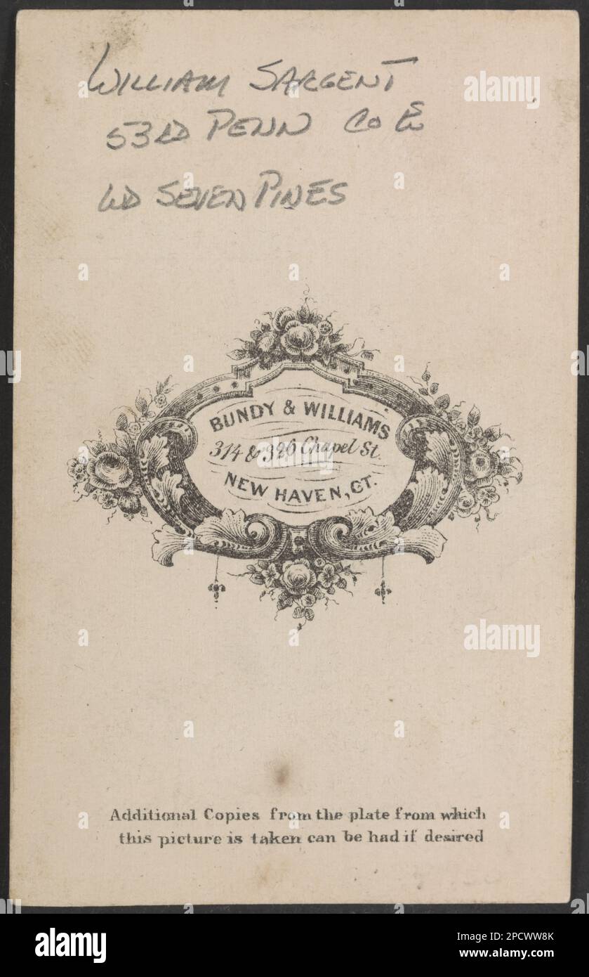 Private William Sergent of Co. E, 53rd Pennsylvania Infantry Regiment, in uniform, after the amputation of both arms / Bundy & Williams, 314 & 326 Chapel St., New Haven, Ct.. Liljenquist Family Collection of Civil War Photographs , pp/liljpaper. Sergent, William, 1844-1871, United States, Army, Pennsylvania Infantry Regiment, 53rd (1861-1865), People, Soldiers, Union, 1860-1870, Military uniforms, Union, 1860-1870, Amputees, 1860-1870, War casualties, 1860-1870, United States, History, Civil War, 1861-1865, Medical aspects, Union, United States, History, Civil War, 1861-1865, Military personne Stock Photo