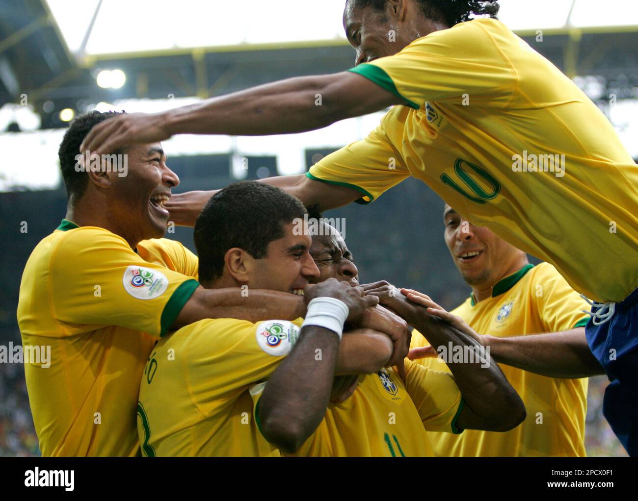 Brazil's Ze Roberto, center, celebrates after scoring with teammates ...