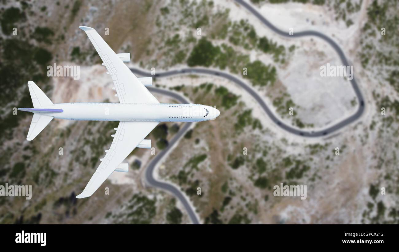 plane flies above the landscape. Side view of aircraft. Travel and ...