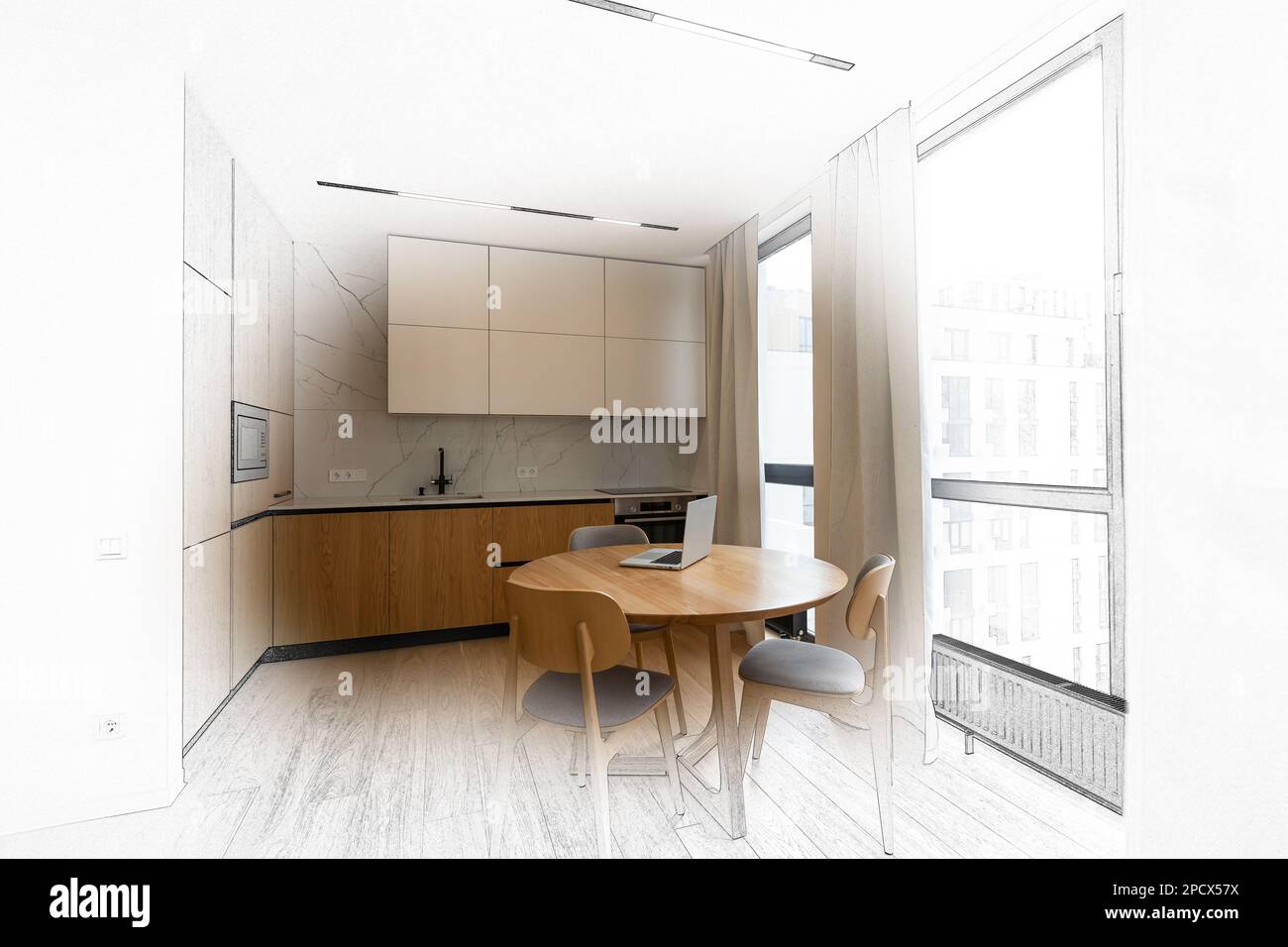 Stylish kitchen interior with modern furniture. Combination of photo ...