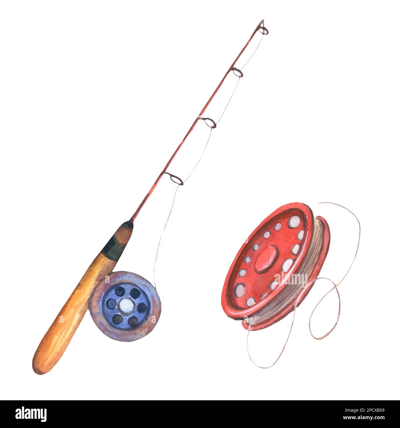 Fishing rod watercolour illustration. Tool to catch fish. One single  object, blue, red, brown colours. Hand drawn water color sketchy painting  on whit Stock Photo - Alamy