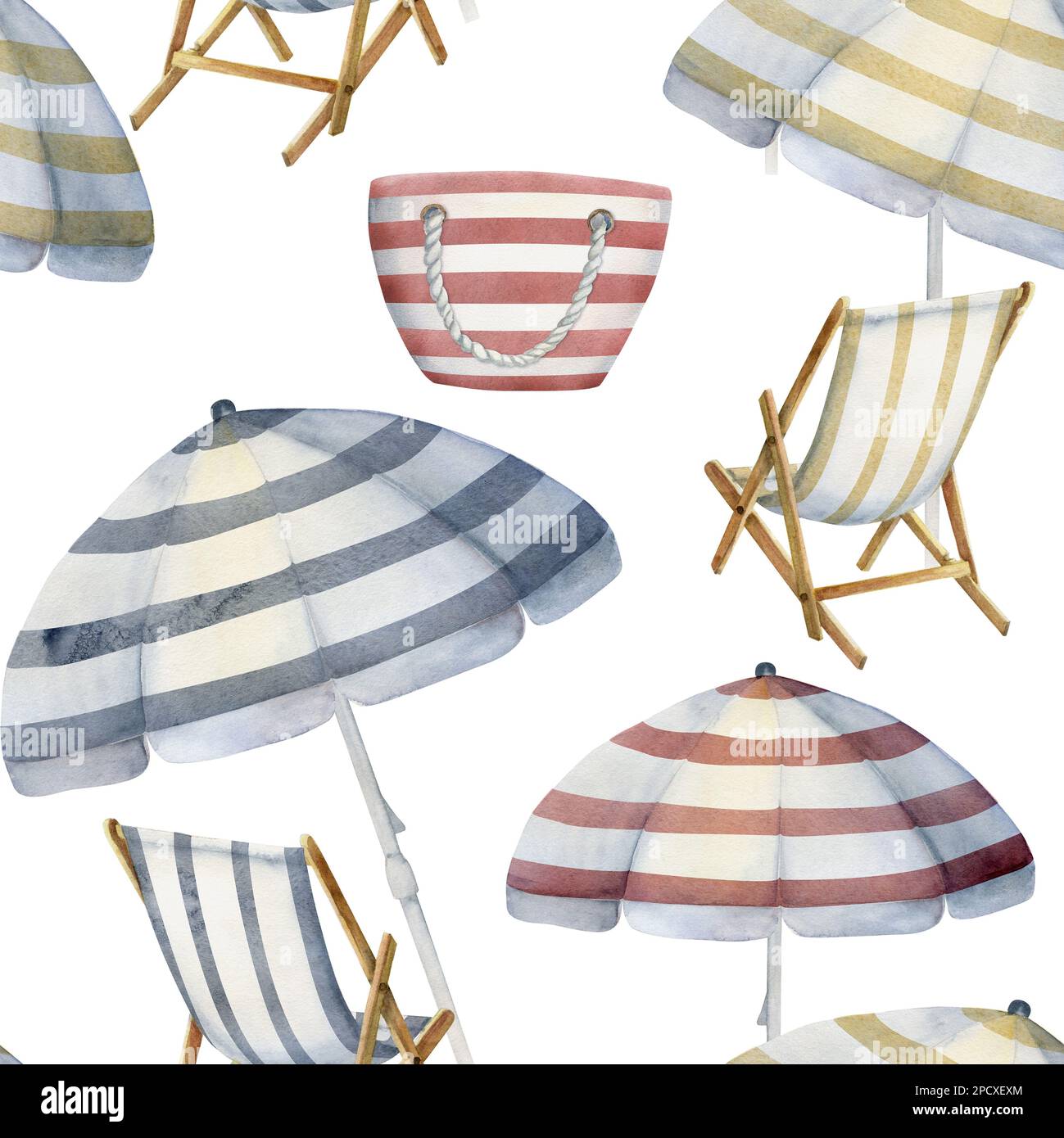 Hand drawn watercolor beach striped chairs bags and umbrellas Seamless ...