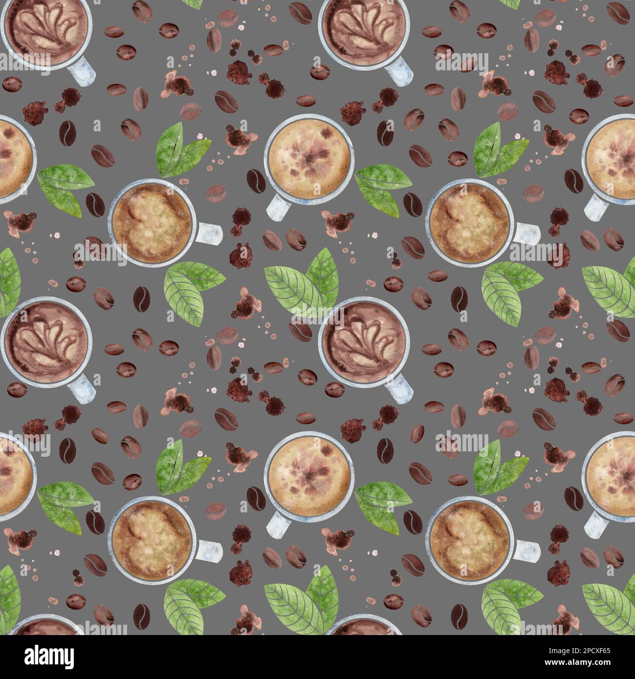 Watercolor hand drawn seamless pattern with coffee cups, beans, leaves ...