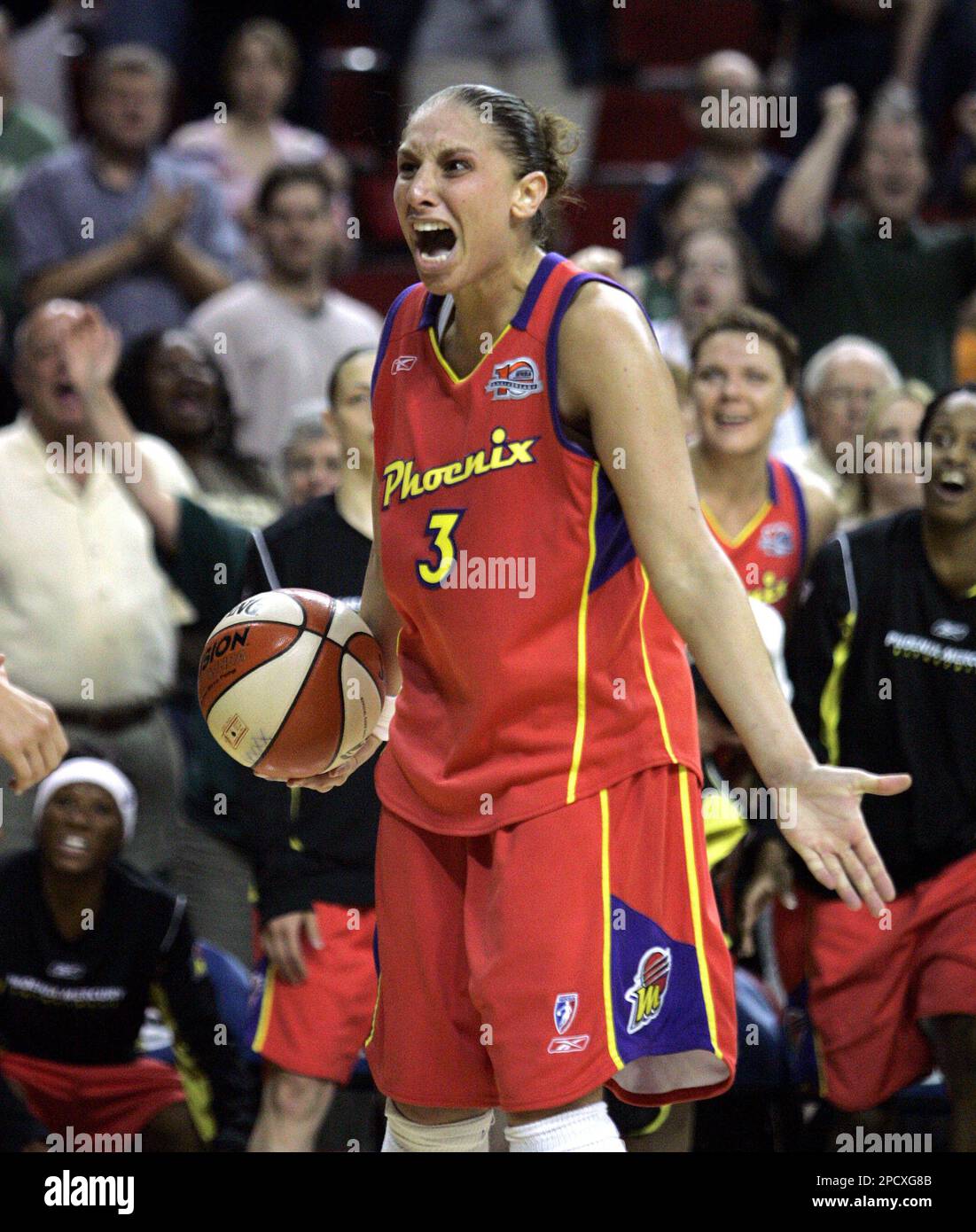 Phoenix Mercury's Diana Taurasi reacts after being called