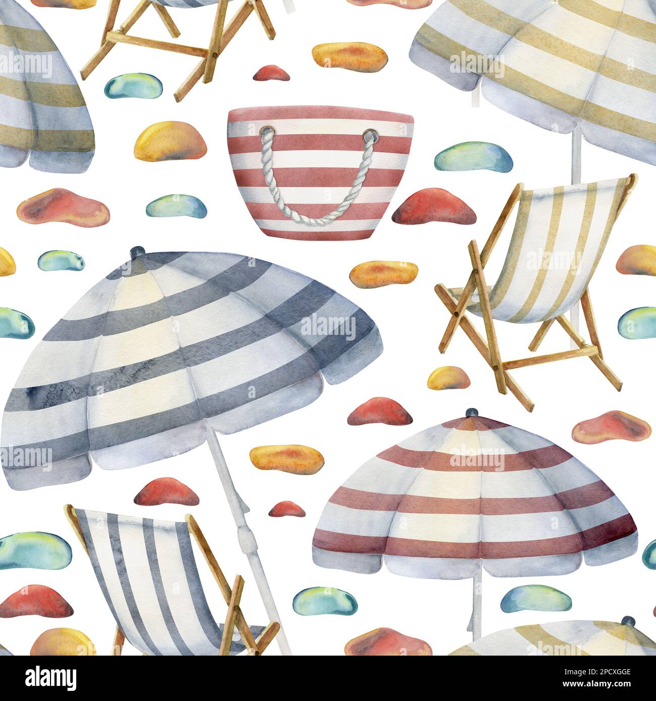 Hand drawn watercolor beach striped chairs bags and umbrellas Seamless ...